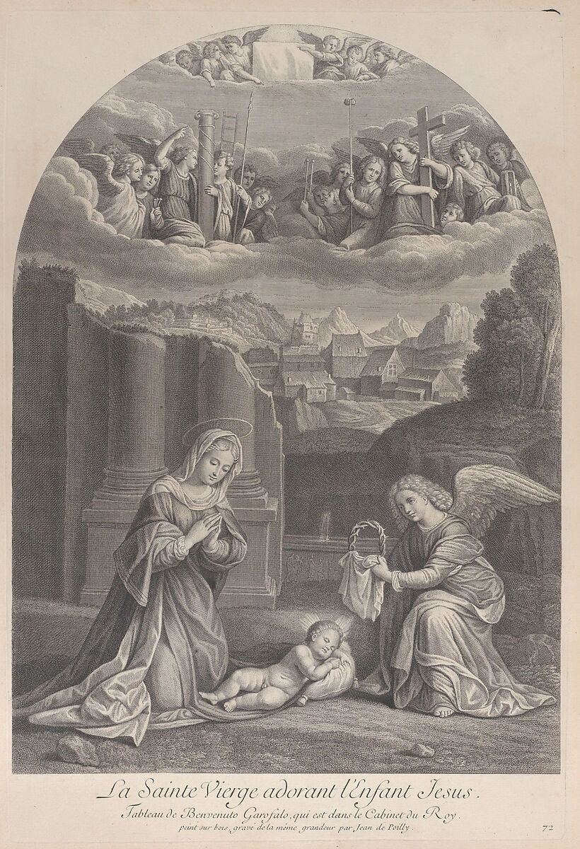 The Virgin Mary adoring the Christ child, an angel holding a crown of thorns at right, Frédéric Horthemels (French, 1680/88–1738), Etching and engraving 