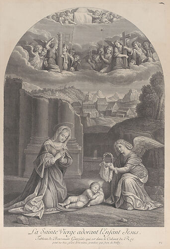 The Virgin Mary adoring the Christ child, an angel holding a crown of thorns at right