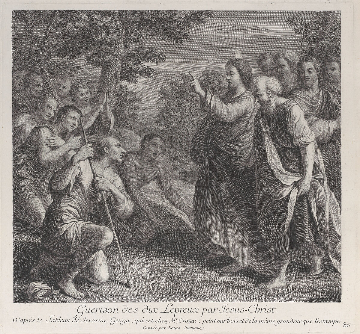 Healing of the ten lepers by Christ, who stands at right, Louis Surugue (French, Paris ca. 1686–1762 Grand Vaux), Etching and engraving 