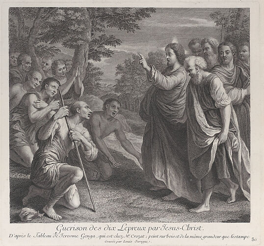 Healing of the ten lepers by Christ, who stands at right