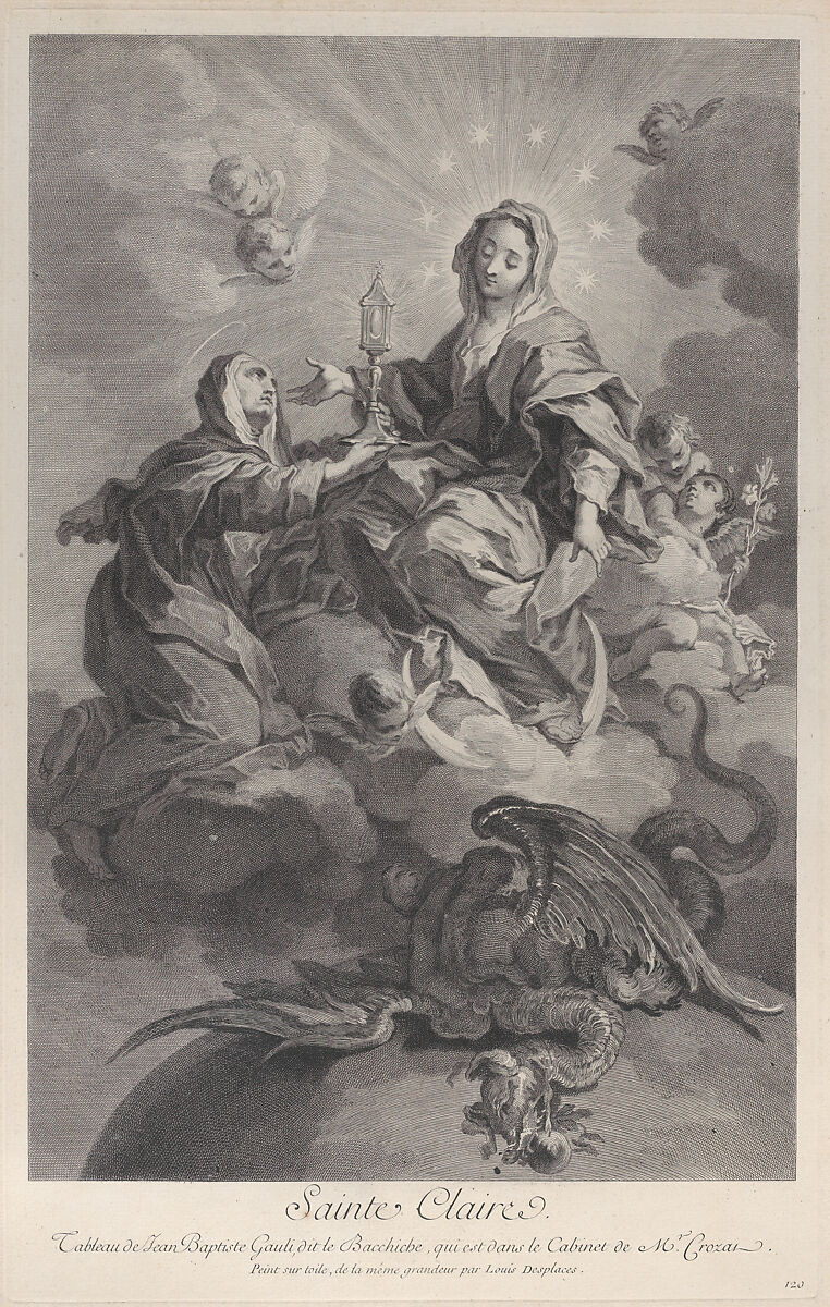 Saint Clare, seated in the clouds among angels, a dragon below, Louis Desplaces (French, Paris 1682–1739 Paris), Etching and engraving 