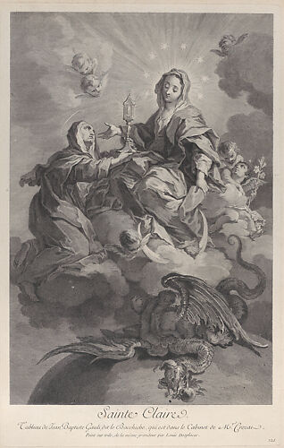 Saint Clare, seated in the clouds among angels, a dragon below