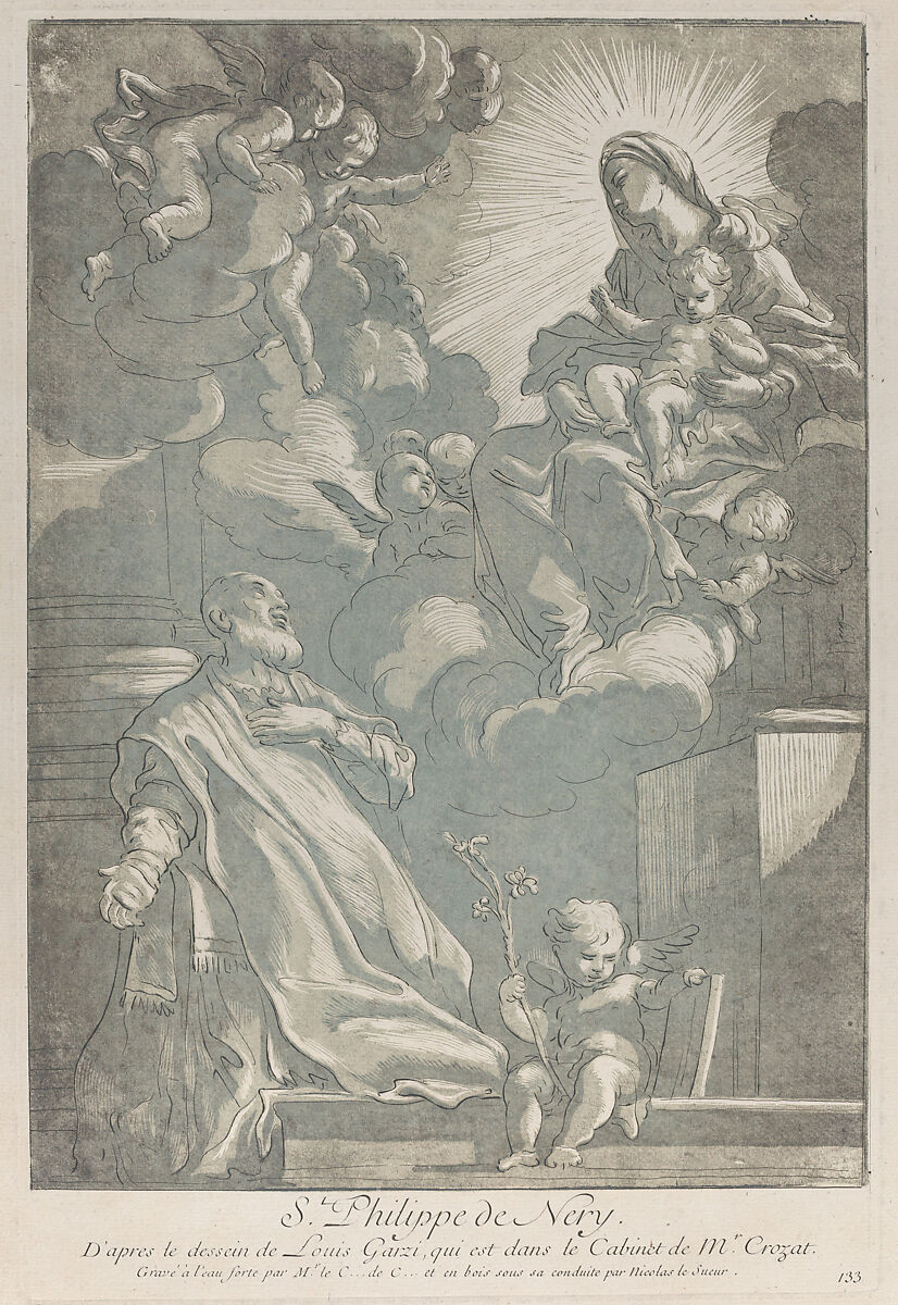 Saint Philip Neri, kneeling at left, with the Virgin and child appearing at upper right, Nicolas Le Sueur (French, 1691–1764), Etching and aquatint in blue-gray 