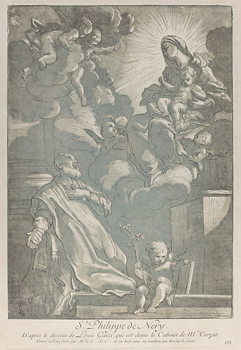 Saint Philip Neri, kneeling at left, with the Virgin and child appearing at upper right
