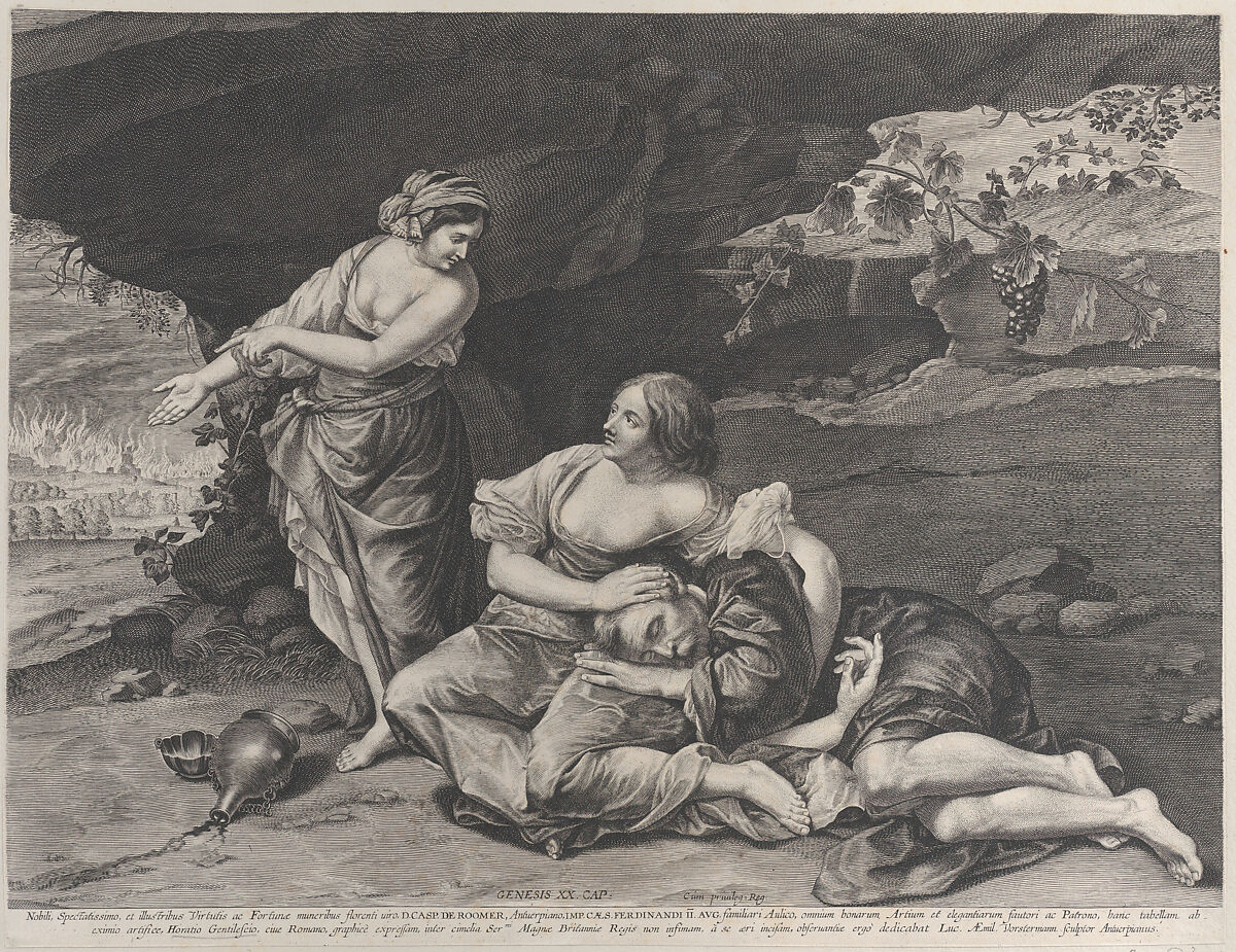 The drunkenness of Lot, who is asleep on his daughter's lap at center, while his other daughter points towards the burning city of Sodom at left, Lucas Vorsterman I (Flemish, Zaltbommel 1595–1675 Antwerp), Engraving 