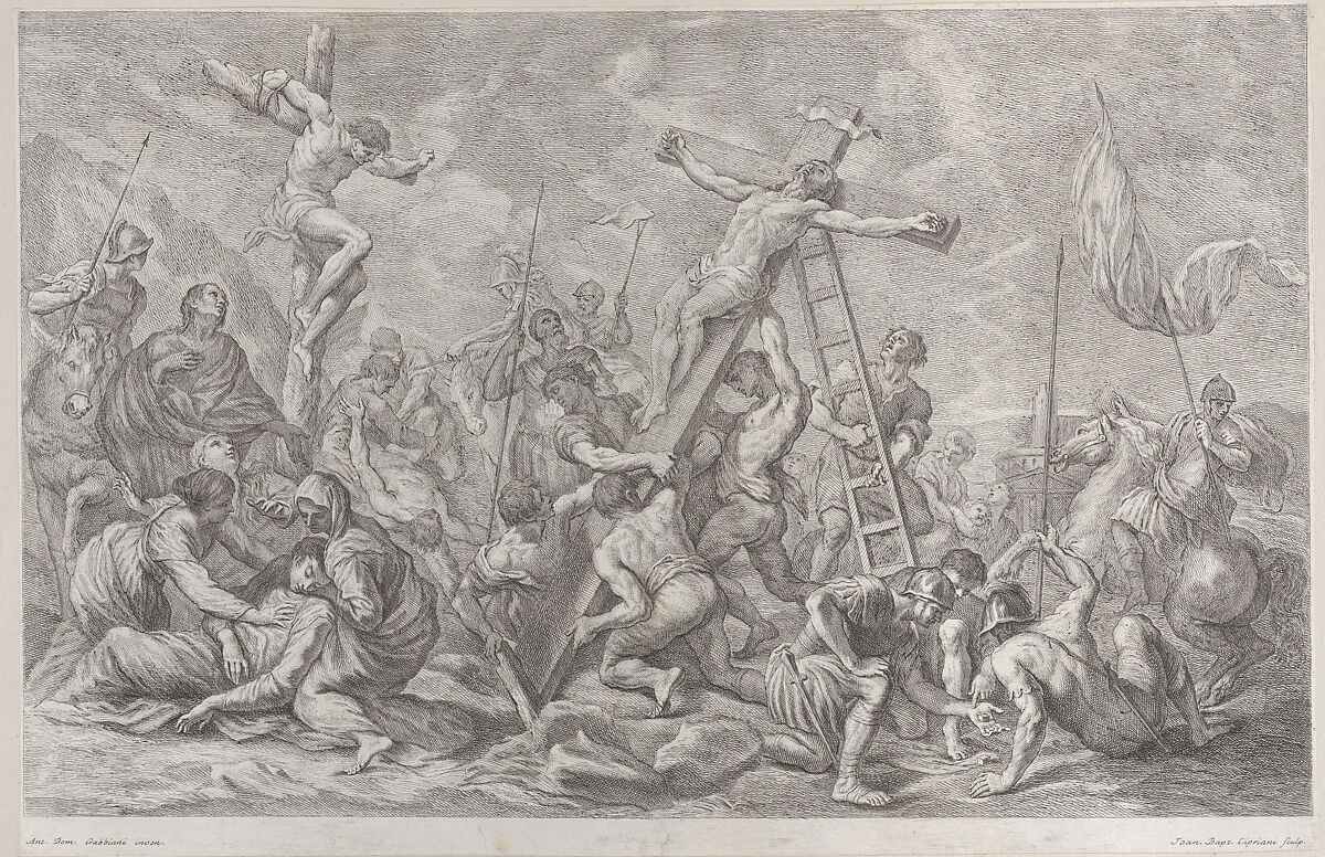 The Crucifixion, with the lowering of the cross at center, soldiers throughout, and a thief on a cross at left, Giovanni Battista Cipriani (Italian, Florence 1727–1785 Hammersmith (active London)), Etching 