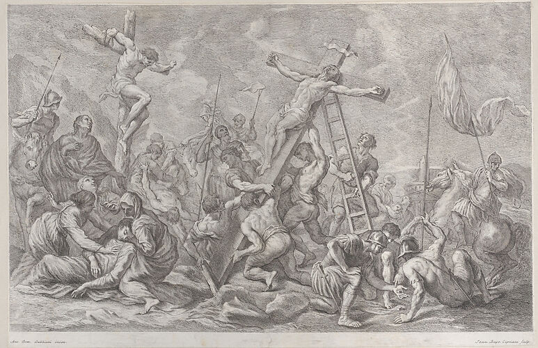 The Crucifixion, with the lowering of the cross at center, soldiers throughout, and a thief on a cross at left