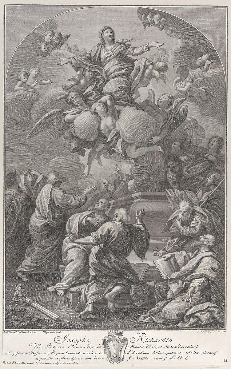 The Assumption of the Virgin, who rises from the tomb surrounded by Apostles, Giovanni Battista Cecchi (Italian, Florence 1748/49–after 1807), Engraving 