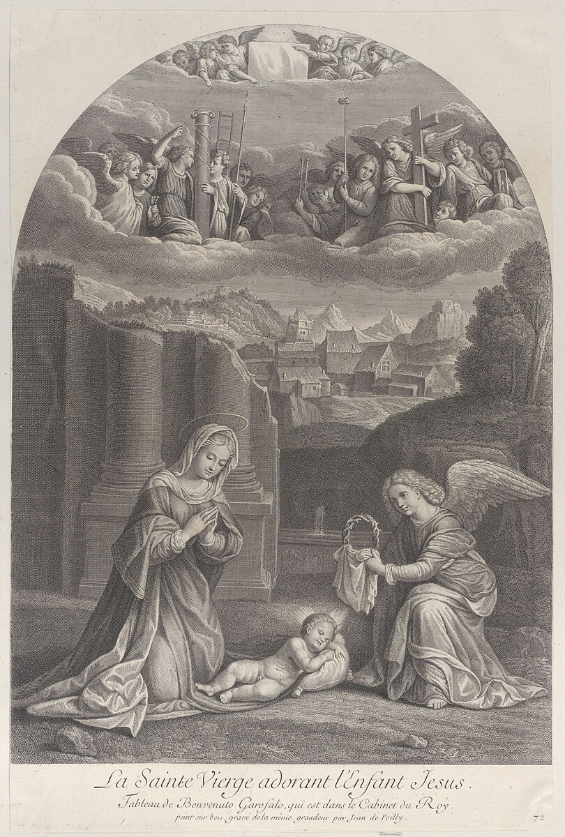 The Virgin Mary adoring the Christ child, an angel holding a crown of thorns at right, Frédéric Horthemels (French, 1680/88–1738), Etching and engraving 