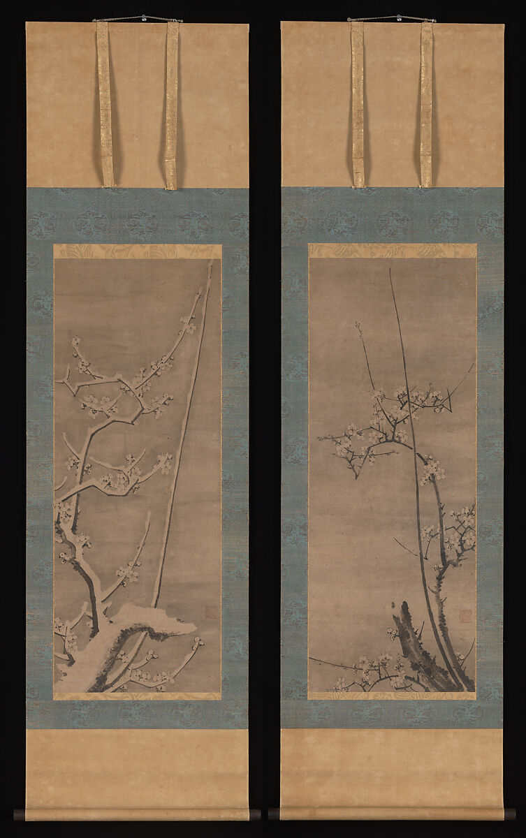 Ink Plum, Byōsen Myōshitsu (Japanese, active ca. 1450–75), Pair of hanging scrolls; ink on paper, Japan