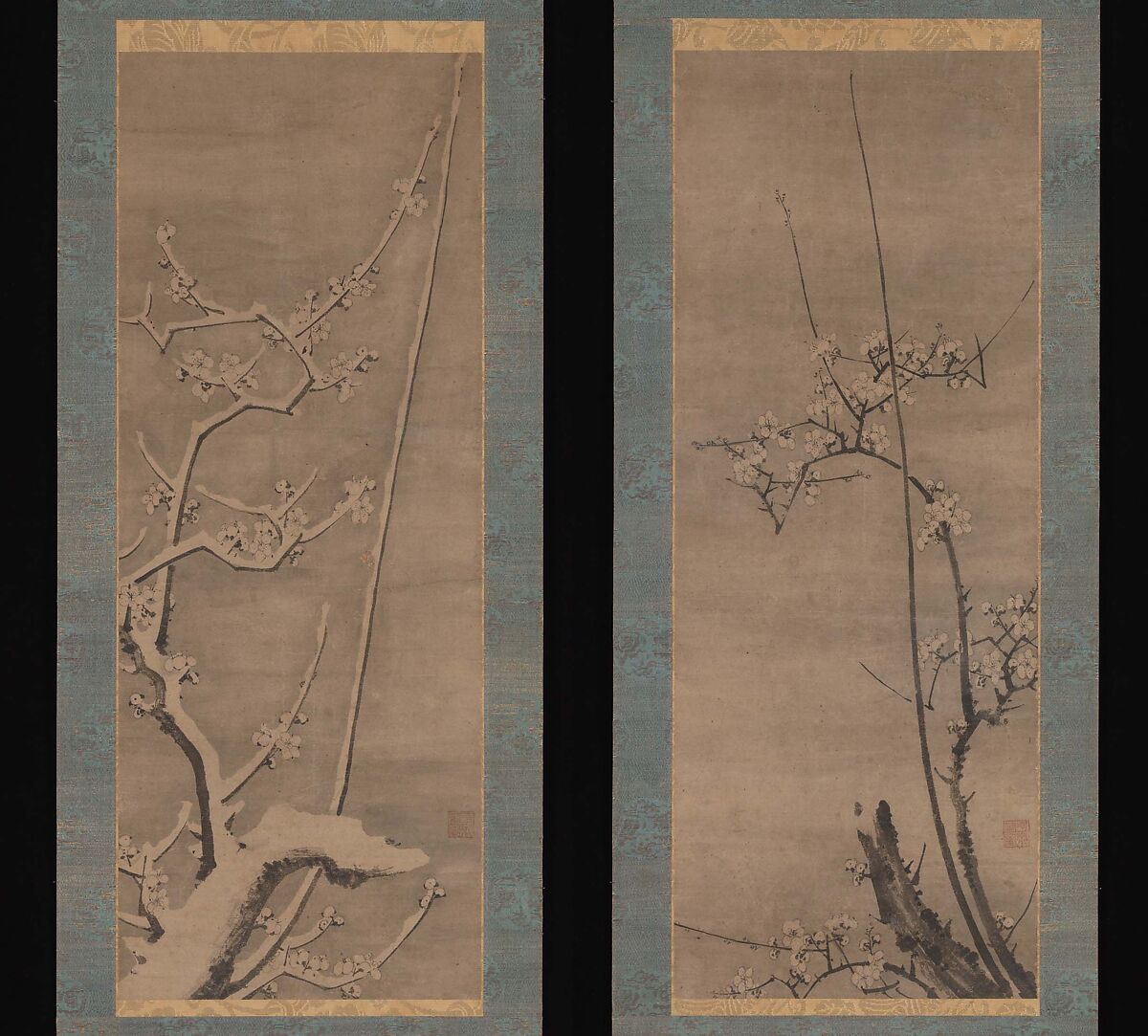 Ink Plum, Heisen (Byōsen) Myōshitsu (Japanese, active ca. 1450–80), Pair of hanging scrolls; ink on paper, Japan 