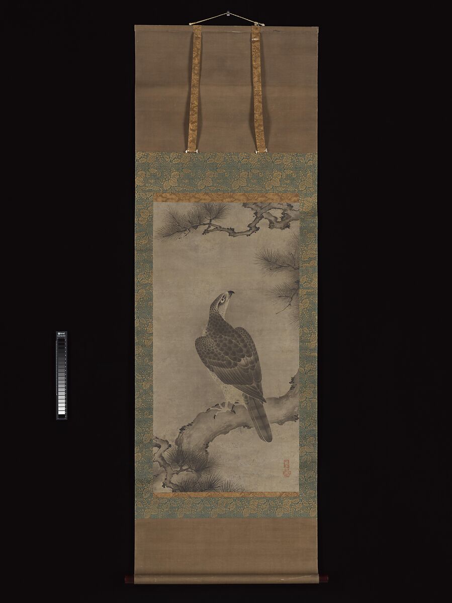 Hawk on a Pine, Kano Yukinobu 狩野之信 (Japanese, ca. 1513–1575), Hanging scroll; ink on paper, Japan