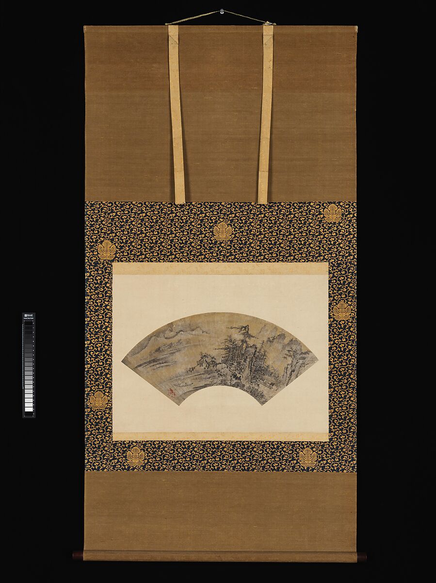 Snowy Landscape, Toki Tōbun (Japanese, 1502–1582?), Fan mounted as a hanging scroll; ink, gold wash, and mica on paper, Japan