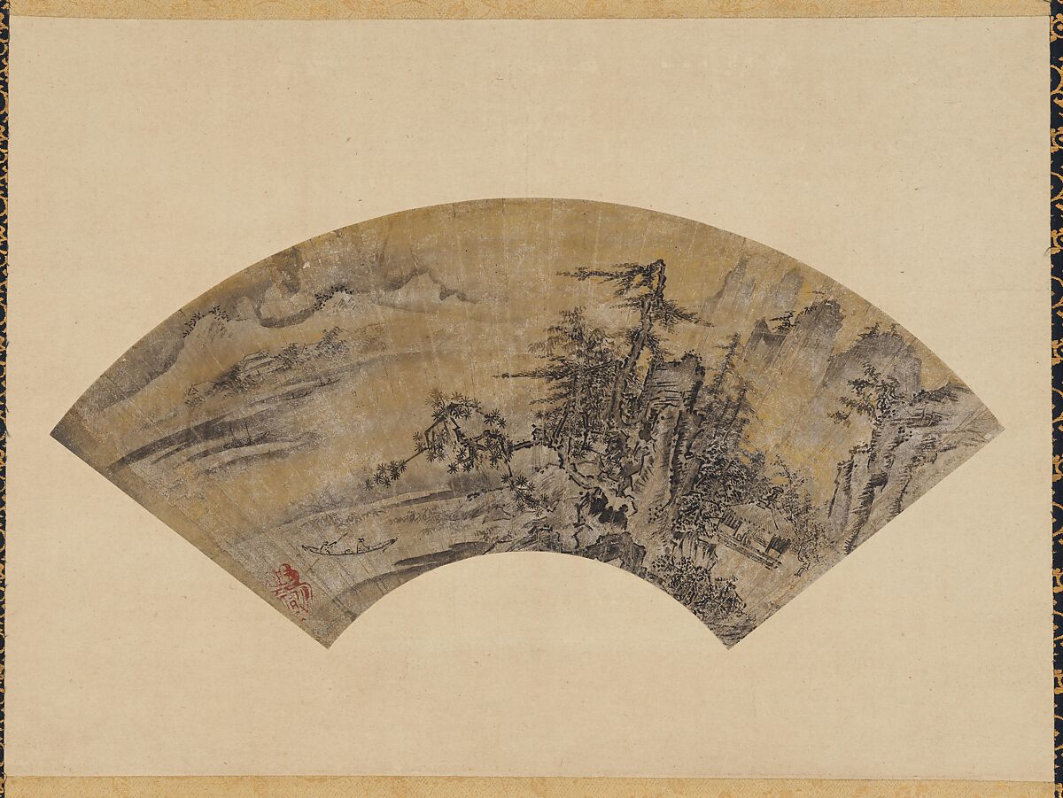 Snowy Landscape, Toki Tōbun (Japanese, 1502–1582?), Fan mounted as a hanging scroll; ink, gold wash, and mica on paper, Japan 