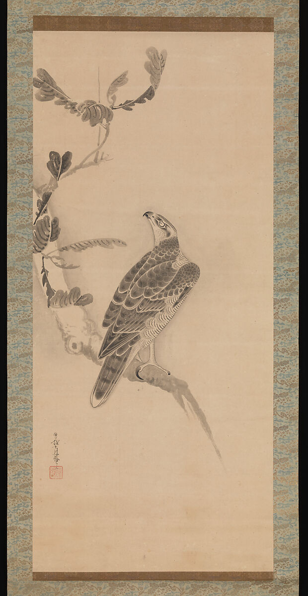 Hawks, Soga Nichokuan (Japanese, active mid-17th century), Pair of hanging scrolls; ink on paper, Japan