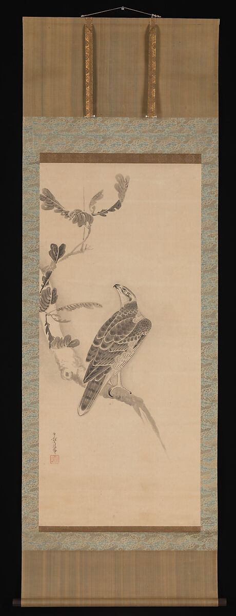 Hawks, Soga Nichokuan (Japanese, active mid-17th century), Pair of hanging scrolls; ink on paper, Japan