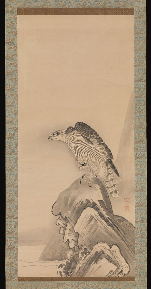 Hawks, Soga Nichokuan (Japanese, active mid-17th century), Pair of hanging scrolls; ink on paper, Japan