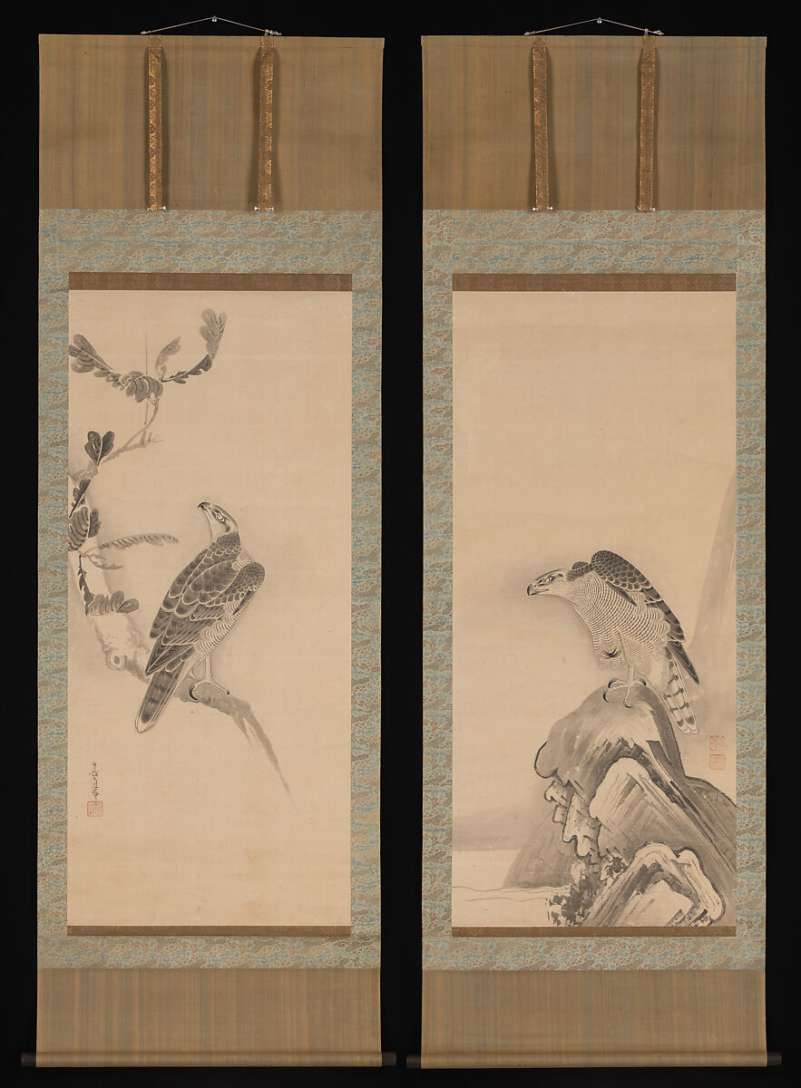 Hawks, Soga Nichokuan (Japanese, active mid-17th century), Pair of hanging scrolls; ink on paper, Japan