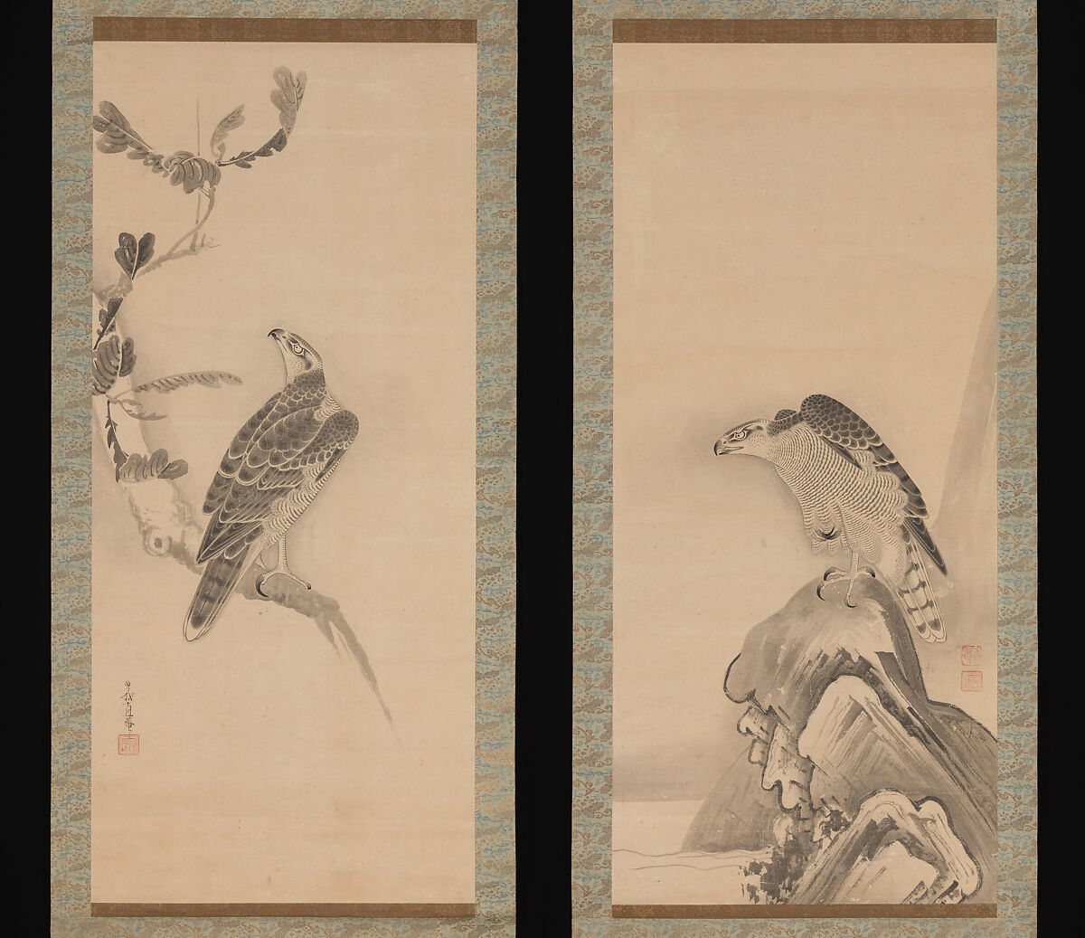 Hawks, Soga Nichokuan  Japanese, Pair of hanging scrolls; ink on paper, Japan