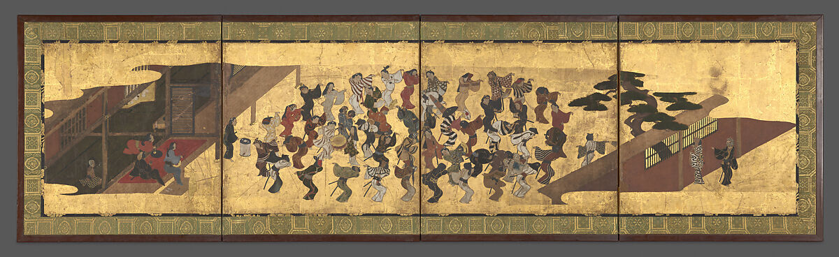 Festive Dancing at a Samurai Residence (Fūryū odori zu byōbu), Unidentified artist, Four-panel folding screen; ink and color on paper, Japan 