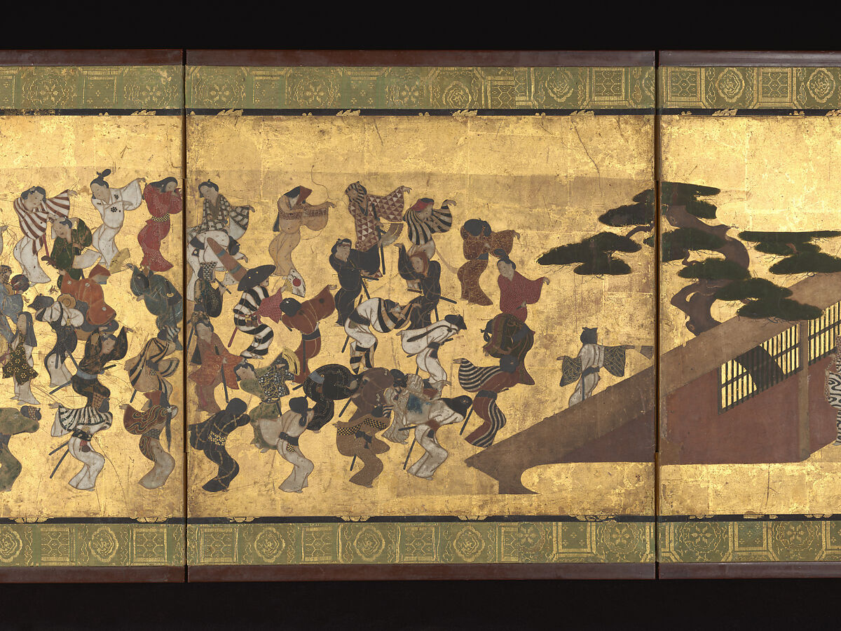 Festive Dancing at a Samurai Residence (Fūryū odori zu byōbu), Unidentified artist, Four-panel folding screen; ink and color on paper, Japan