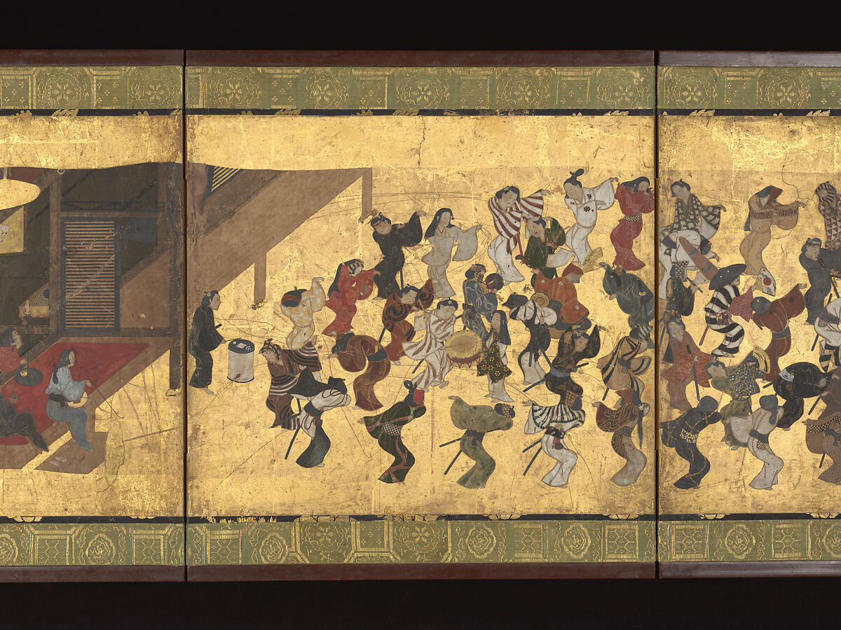 Festive Dancing at a Samurai Residence (Fūryū odori zu byōbu), Unidentified artist, Four-panel folding screen; ink and color on paper, Japan