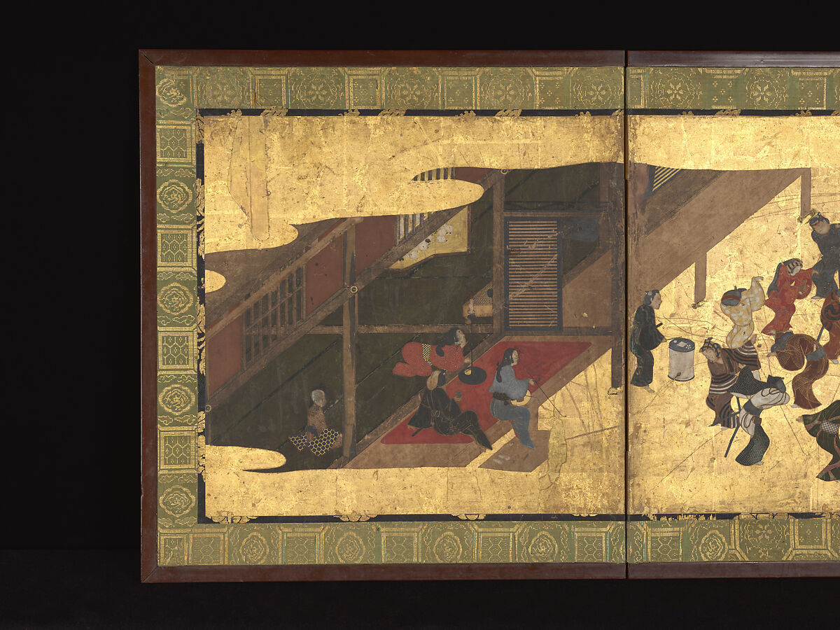 Festive Dancing at a Samurai Residence (Fūryū odori zu byōbu), Unidentified artist, Four-panel folding screen; ink and color on paper, Japan