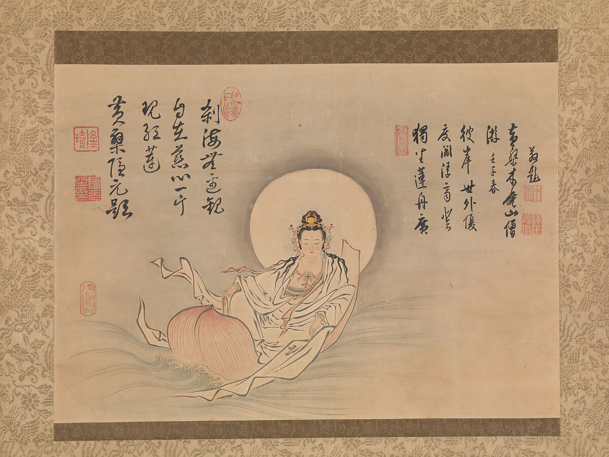 Kannon on a Lotus Petal, Painting by Shōzan Gen’yō 照山元瑶 (Japanese, 1634–1727), Hanging scroll; ink and color on paper, Japan 