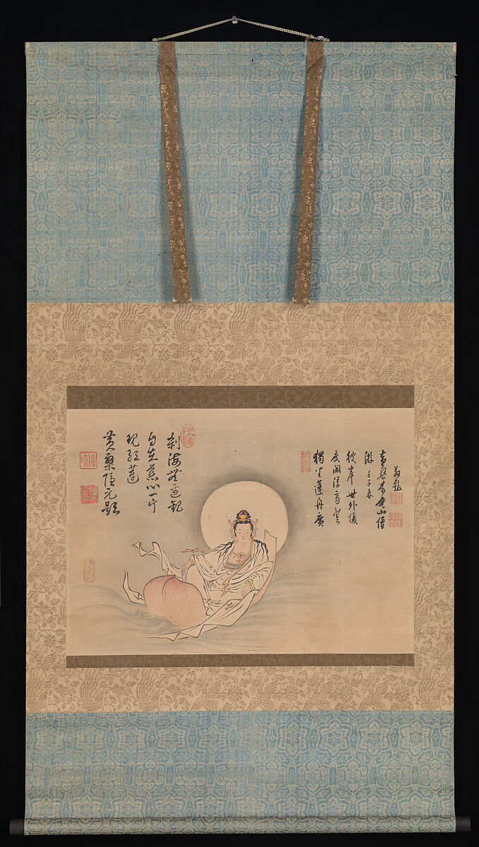 Kannon on a Lotus Petal, Painting by Shōzan Gen’yō 照山元瑶 (Japanese, 1634–1727), Hanging scroll; ink and color on paper, Japan