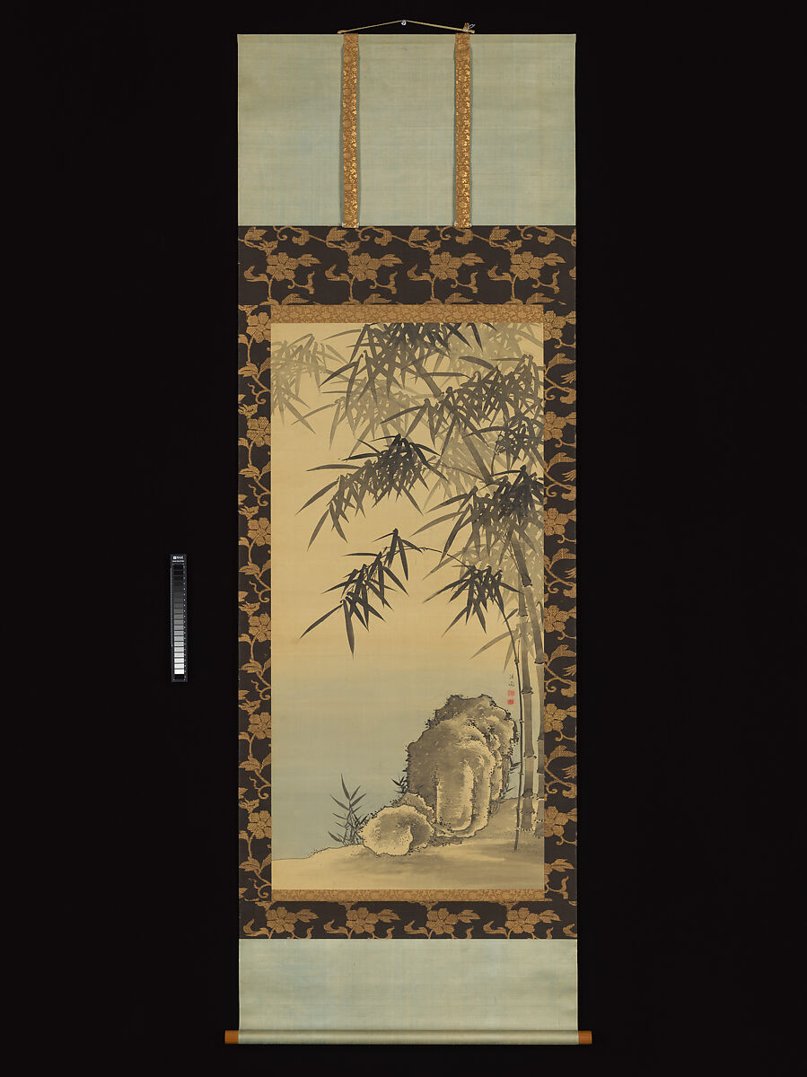 Bamboo and Rocks, Yanagisawa Kien (Japanese, 1703–1758), Hanging scroll; ink and color on silk, Japan
