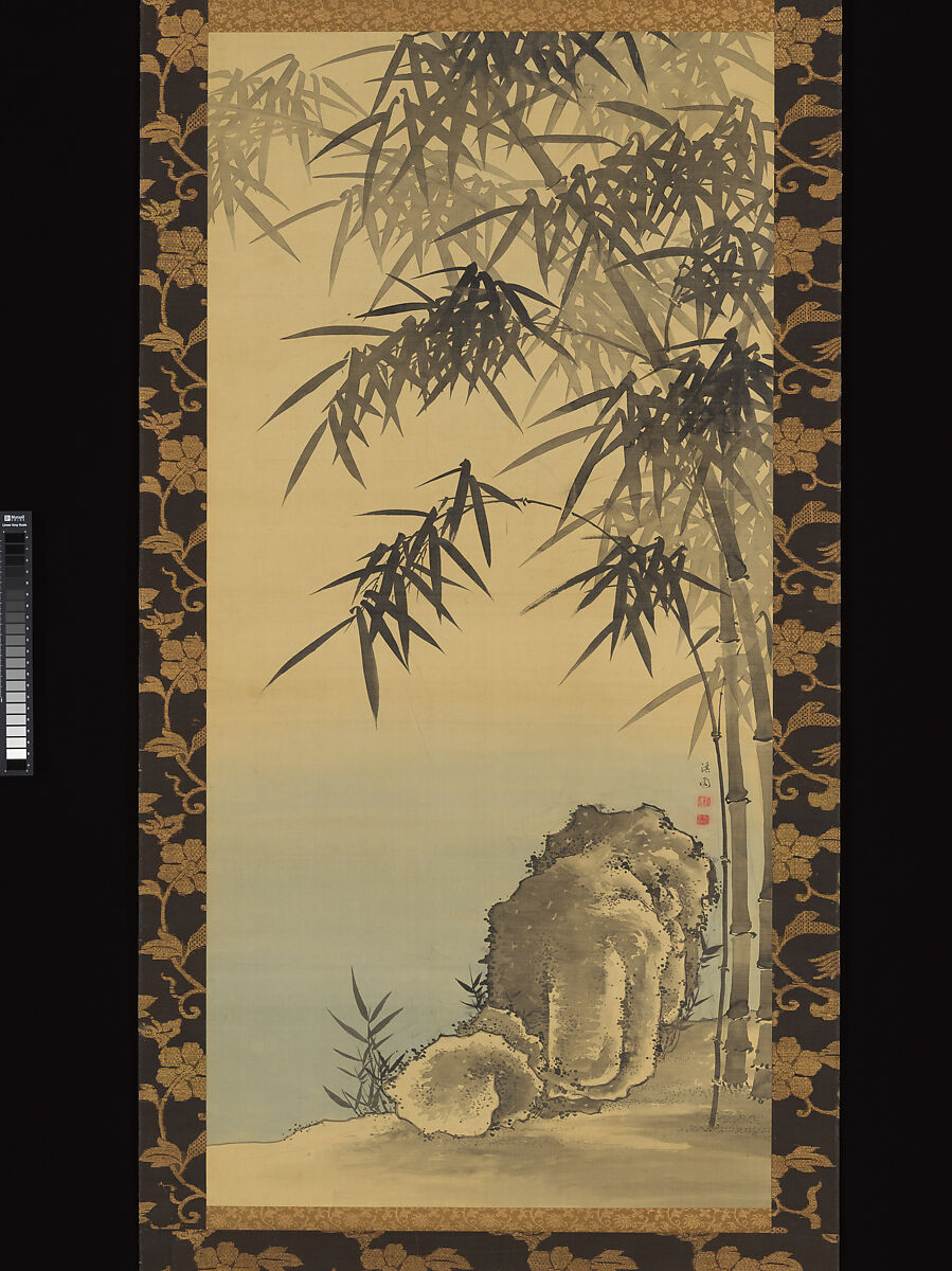 Rock and Bamboo, Yanagisawa Kien (Japanese, 1704–1758), Hanging scroll; ink and color on silk, Japan 