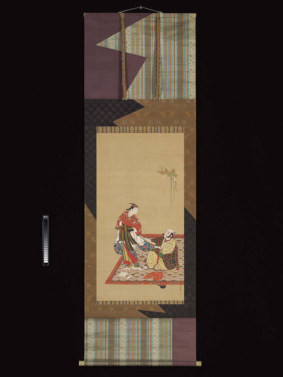 Samurai and Wakashu (Male Youth), Miyagawa Isshō (Japanese, 1689–1780), Hanging scroll; ink and color on silk, Japan