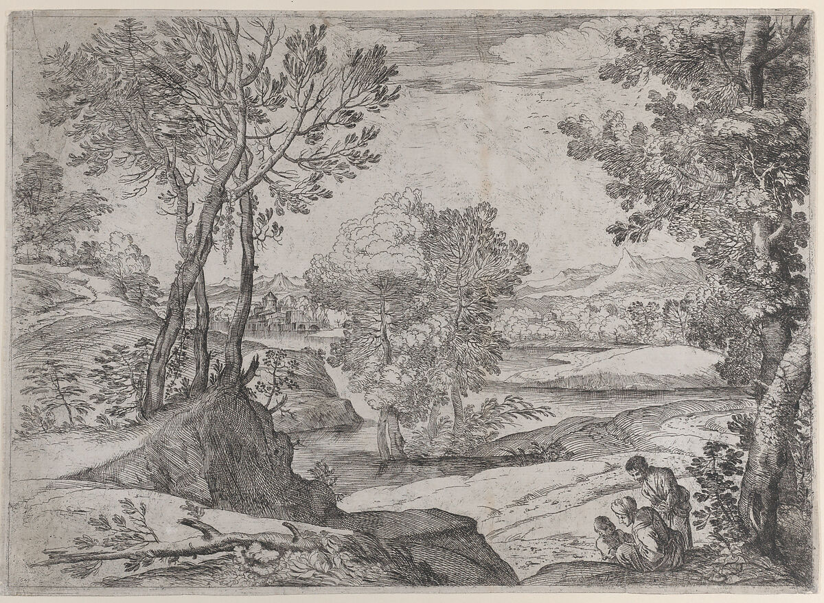 A family seated alongside a river, Giovanni Francesco Grimaldi (Italian, Bologna 1606–1680 Rome), Etching 