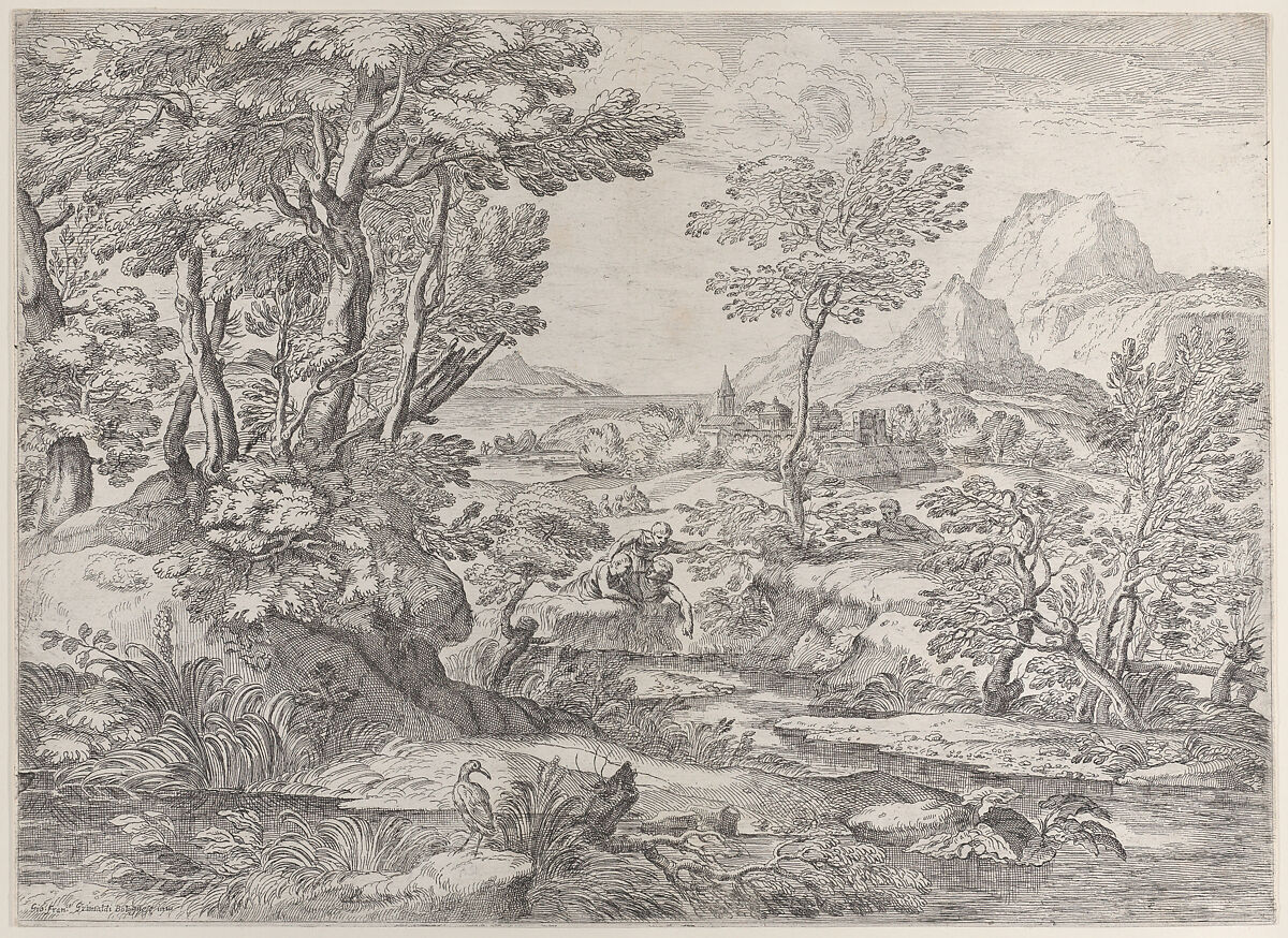 Three boys in a landscape with a town in the background, Giovanni Francesco Grimaldi (Italian, Bologna 1606–1680 Rome), Etching 