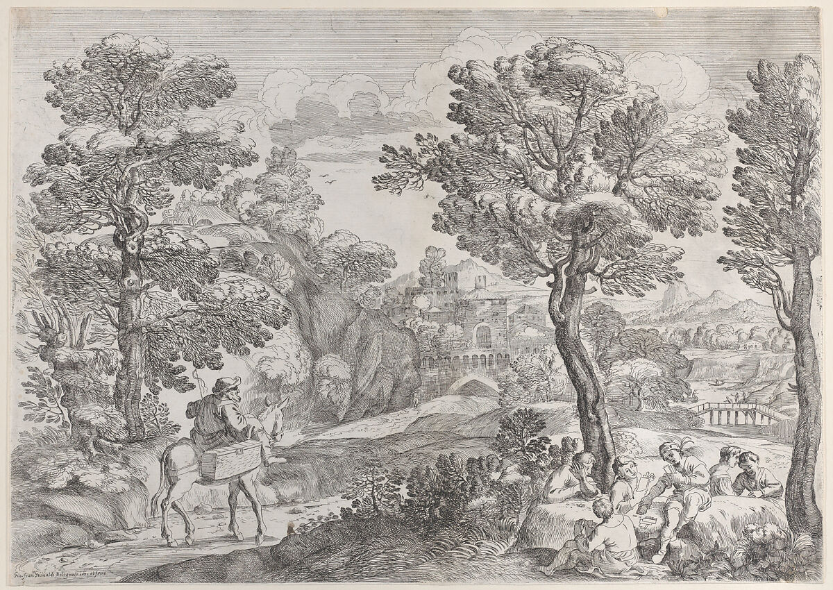 A group of people playing cards at right and a man on horseback at left, Giovanni Francesco Grimaldi (Italian, Bologna 1606–1680 Rome), Etching 