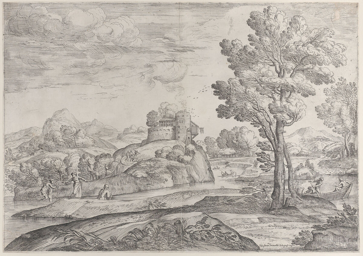 A house atop a round rock at center, people in the river and in canoes throughout, Giovanni Francesco Grimaldi (Italian, Bologna 1606–1680 Rome), Etching 