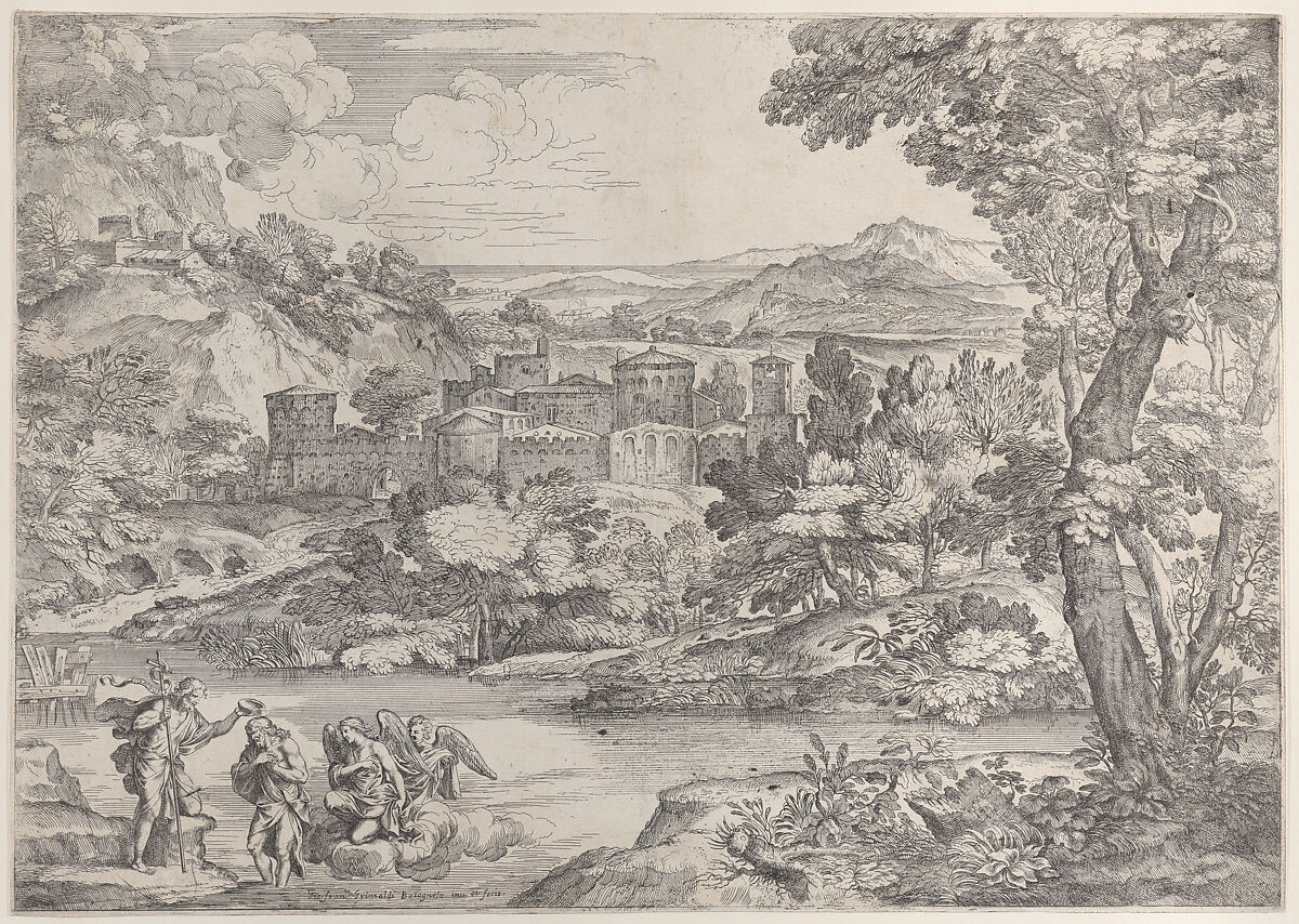 The Baptism of Christ at lower left, within a landscape, Giovanni Francesco Grimaldi (Italian, Bologna 1606–1680 Rome), Etching 