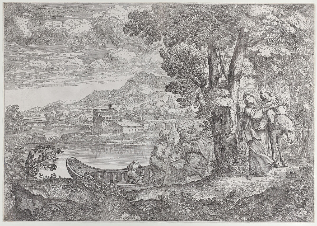 Landscape with the flight into Egypt, Giovanni Francesco Grimaldi (Italian, Bologna 1606–1680 Rome), Etching 