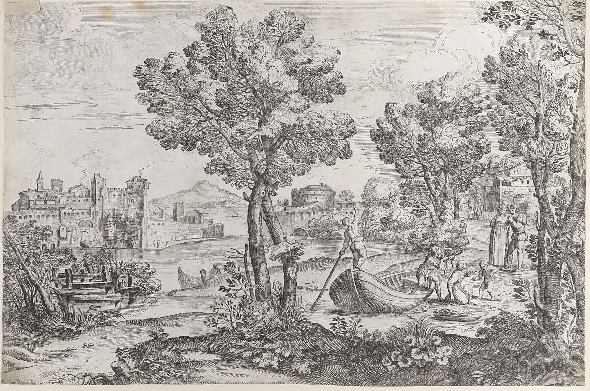 Landscape with a man holding a snake to a terrified child, watched by a fashionably dressed couple on the riverbank at right, Giovanni Francesco Grimaldi (Italian, Bologna 1606–1680 Rome), Etching 