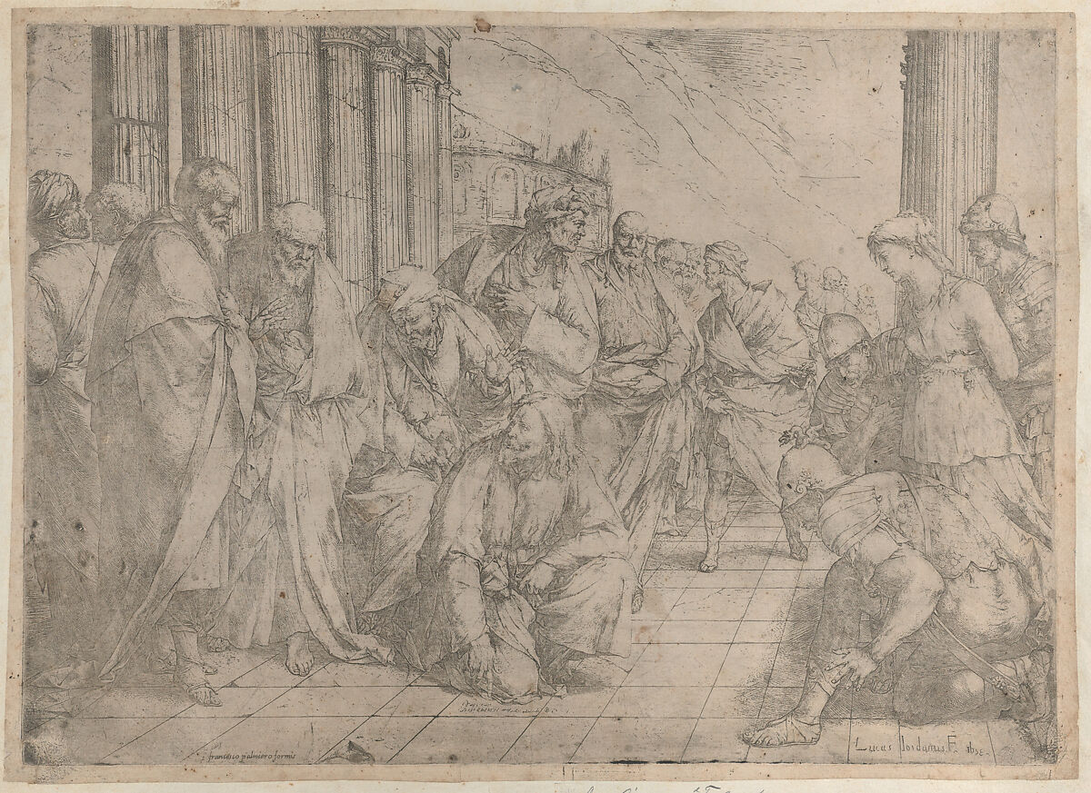 Christ kneels and writes on the pavement at center, while the woman taken in adultery stands between three soldiers at right, Luca Giordano (Italian, Naples 1634–1705 Naples), Etching; second state of two 