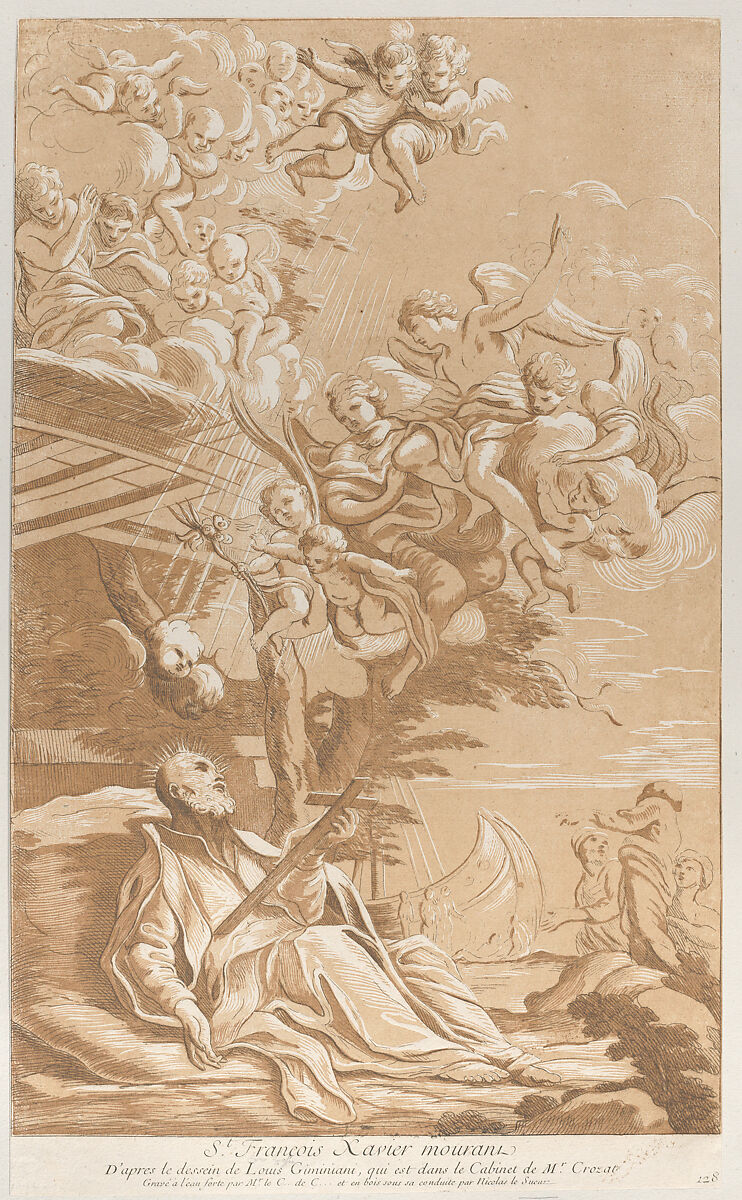 Death of Saint Francis Xavier, After Giacinto Gimignani (Italian, Pistoia 1606–1681 Rome), Etching and aquatint printed in brown 