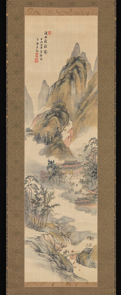 Autumn Festival on a Mountain, Okada Hankō (Japanese, 1782–1846), Hanging scroll; ink and color on satin, Japan 