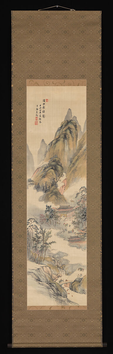 Autumn Festival in the Mountains, Okada Hankō (Japanese, 1782–1846), Hanging scroll; ink and color on satin, Japan