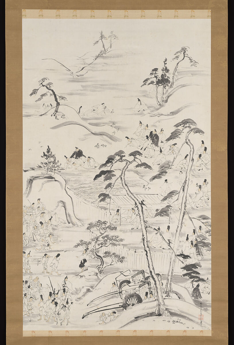 Emperor Enyū’s Outing to Funaokayama on the First Day of the Rat in the New Year, Reizei Tamechika (1823–1864), Hanging scroll; ink and color on paper, Japan 