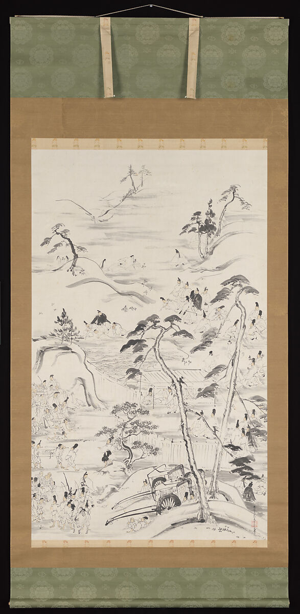 Emperor Enyū’s Outing to Funaokayama on the First Day of the Rat in the New Year, Reizei Tamechika (1823–1864), Hanging scroll; ink and color on paper, Japan