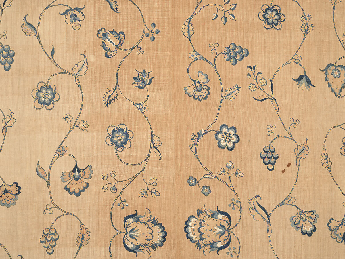 Bedcover with appliqued crewel embroidery motifs, Member of the Cabot family (American (Massachusetts), 18th century), Linen, embroidered with wool and silk, American