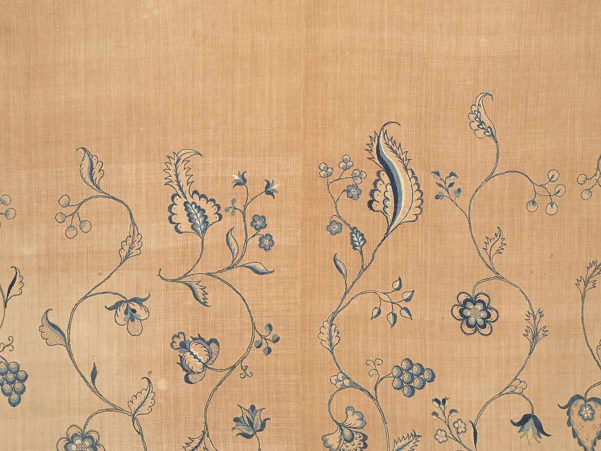 Bedcover with appliqued crewel embroidery motifs, Member of the Cabot family (American (Massachusetts), 18th century), Linen, embroidered with wool and silk, American