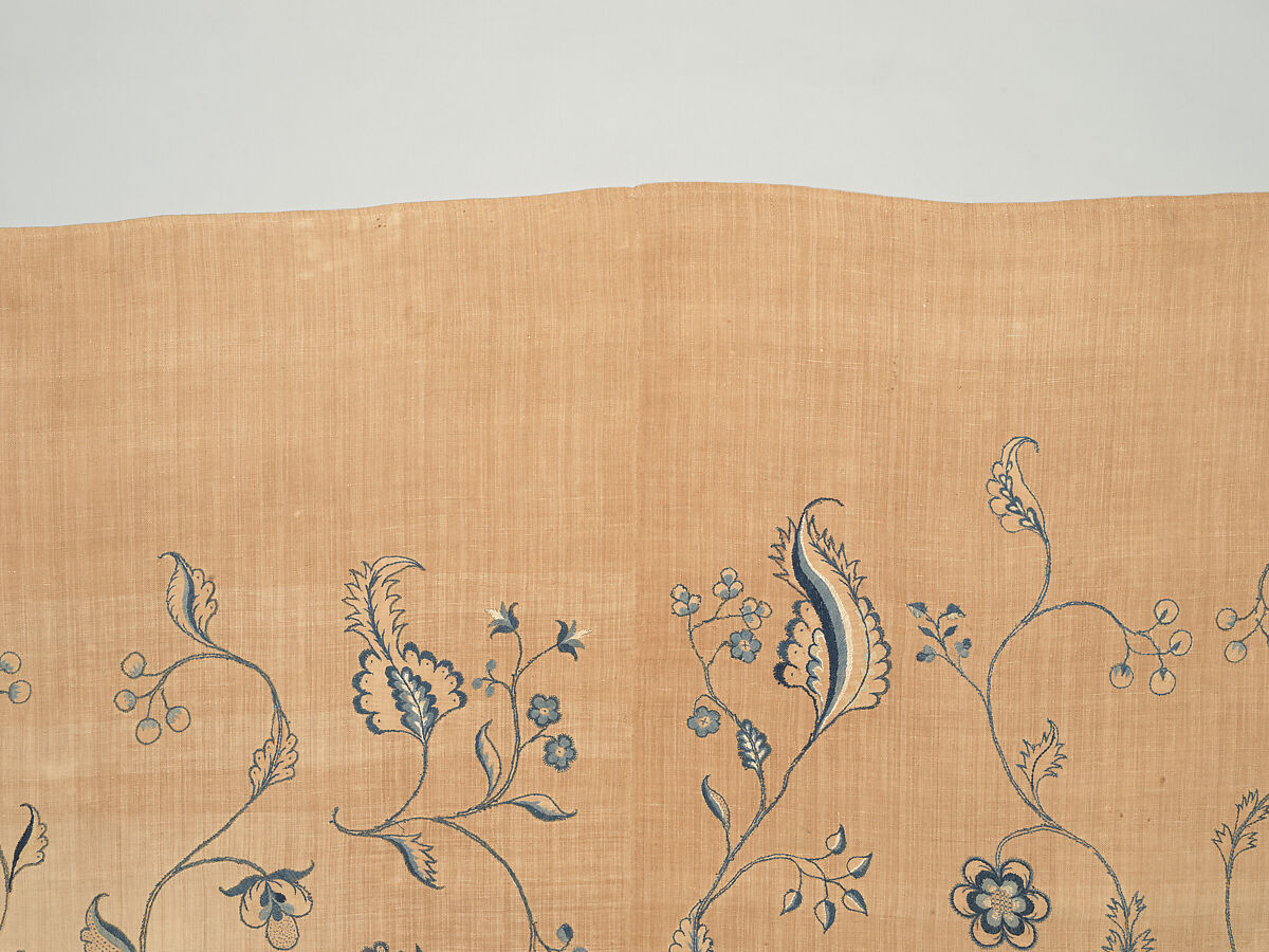 Bedcover with appliqued crewel embroidery motifs, Member of the Cabot family (American (Massachusetts), 18th century), Linen, embroidered with wool and silk, American