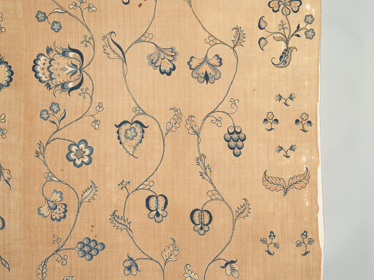 Bedcover with appliqued crewel embroidery motifs, Member of the Cabot family (American (Massachusetts), 18th century), Linen, embroidered with wool and silk, American