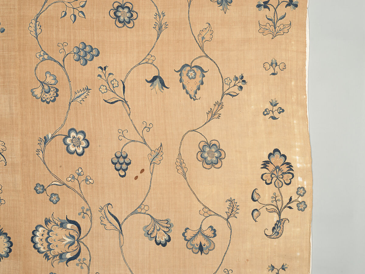 Bedcover with appliqued crewel embroidery motifs, Member of the Cabot family (American (Massachusetts), 18th century), Linen, embroidered with wool and silk, American